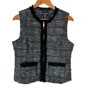 KARL LAGERFELD Vest Womens Medium Quilted Puffer Signature Tweed Design Fringe